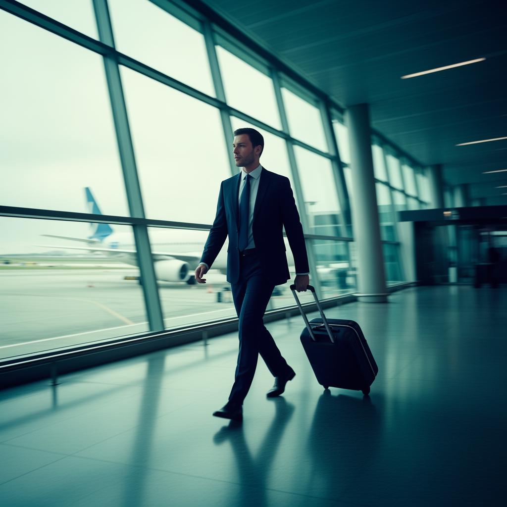 Executivo em aeroporto durante viagem corporativa